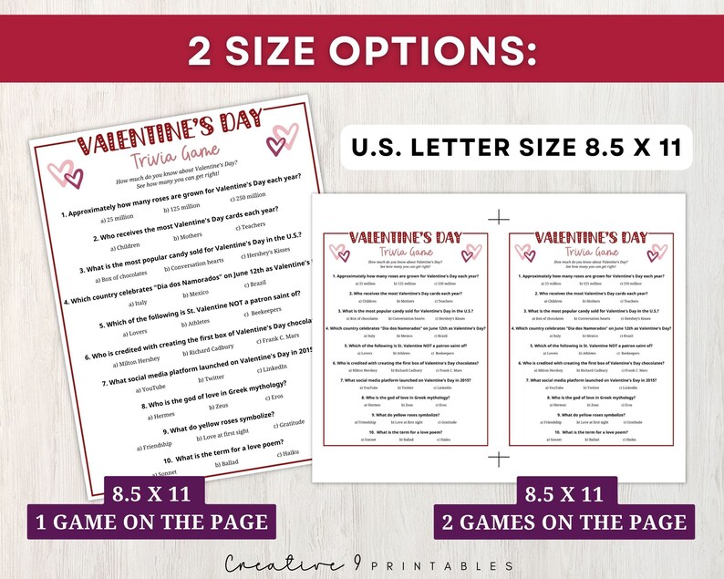Valentine's Day Trivia Printable Game for Kids and Adults, 10 Fun