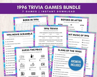 1996 Trivia Bundle für Erwachsene und Kinder, lustige druckbare 30er Jahre Partyspiele zum Geburtstag, Jubiläum oder 30-jähriges Wiedersehen, sofortiger Download