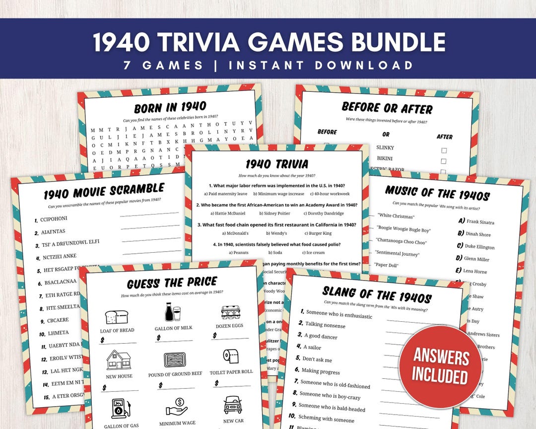 1940 Trivia Game Bundle for Adults, 85th Birthday Party Games With ...