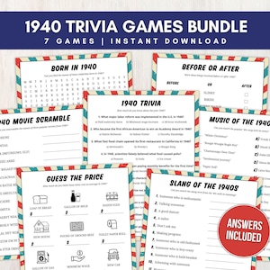 1940 Trivia Game Bundle for Adults, 85th Birthday Party Games with Answer Keys, 7 Printable Trivia Games Great for Parties, Instant Download