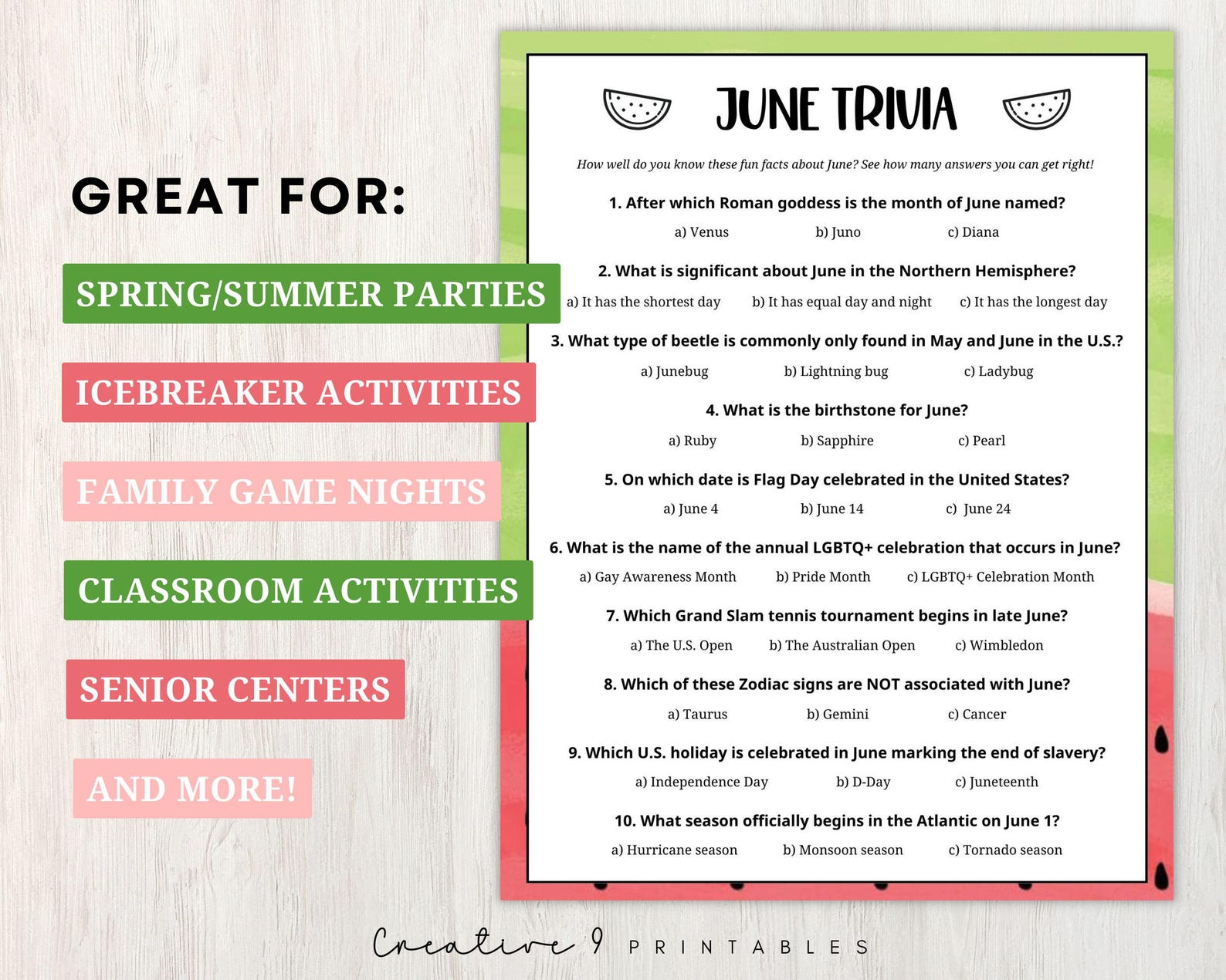 June Trivia Printable Game for Kids and Adults, 10 Fun Facts Quiz ...