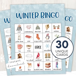 Winter Bingo Printable Game for Kids, Adults, and Seniors, 30 Bingo Cards with Winter Wonderland Theme and Bonus Markers, Instant Download