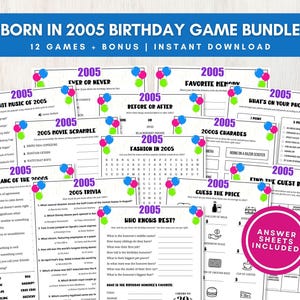 Born in 2005 Trivia Bundle, 20th Birthday Party Games w/ Answers, Fun Activities for Large Groups, Bonus Memory Keepsake, Instant Download