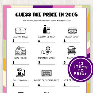 Jeu devinez le prix 2005, jeu de fête pour 20e anniversaire, jeu-questionnaire Retour en 2005, idées pour 20e anniversaire, 20e réunion de classe, téléchargement immédiat