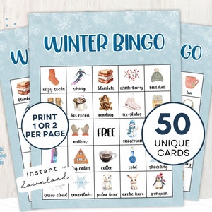 Printable Winter Bingo Game for Kids and Adults, 50 Bingo Cards and Bonus Bingo Markers, Print 1 Game Per Page or 2 a Page, Instant Download
