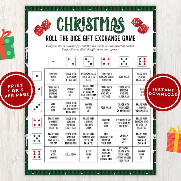 Printable Christmas Gift Exchange Dice Game for Adults, Fun Group Roll the Dice Game, Christmas Party Game for Groups, Instant Download