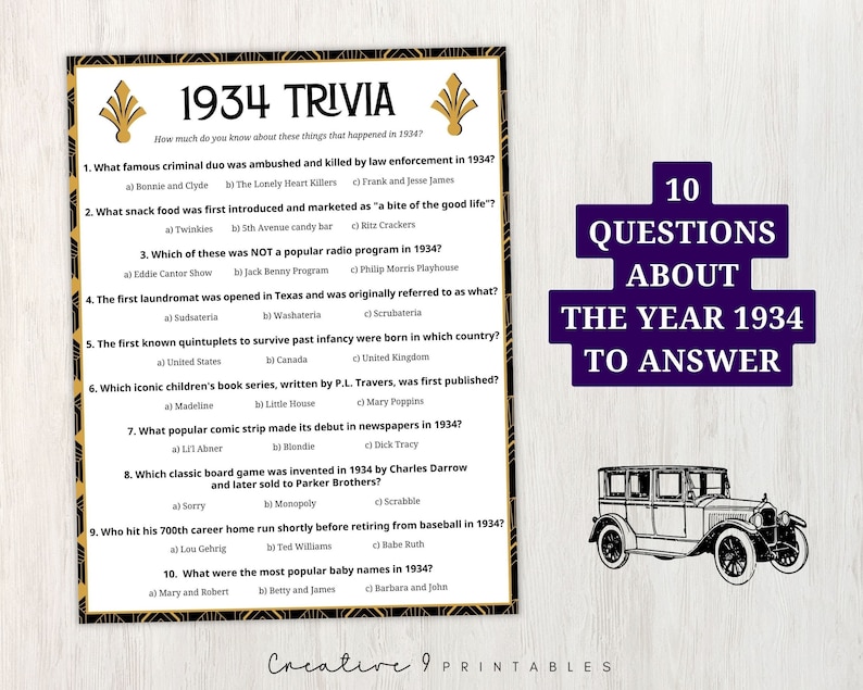 1934 Trivia With Answers, Printable 90th Birthday Game, 10 Fun Quiz ...
