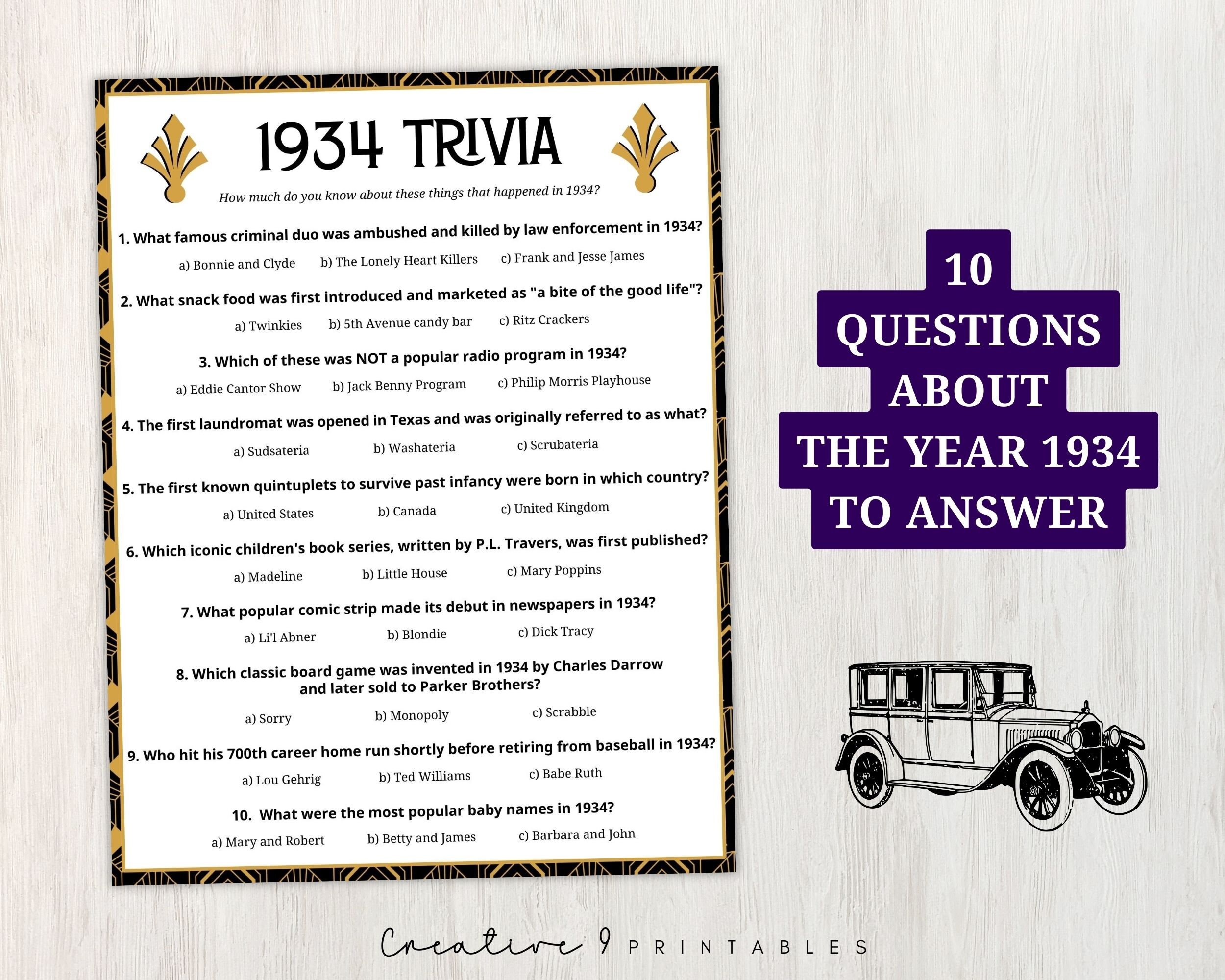 1934 Trivia With Answers, Printable 90th Birthday Game, 10 Fun Quiz ...