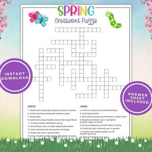 Spring Crossword Puzzle for Kids and Adults, Fun Printable Springtime Word Game w/ Answers for Classrooms & Family Parties, Instant Download