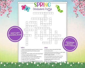 Crucigrama de primavera para niños y adultos, divertido juego de palabras de primavera para imprimir con respuestas para aulas y fiestas familiares, descarga instantánea