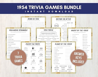 1954 Trivia Game Bundle for Adults, 71st Birthday Party Games with Answer Keys, 7 Printable Trivia Games Great for Parties, Instant Download