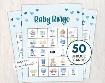 Baby Boy Bingo Printable Game, 50 Blue Baby-Themed Unique Cards with Bonus Bingo Markers, Baby Shower Game for Large Group, Instant Download