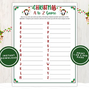 Jogo de Natal de A a Z para impressão para crianças e adultos, jogo de corrida de palavras de Natal de A a Z, ótimo para famílias e festas de fim de ano, download instantâneo