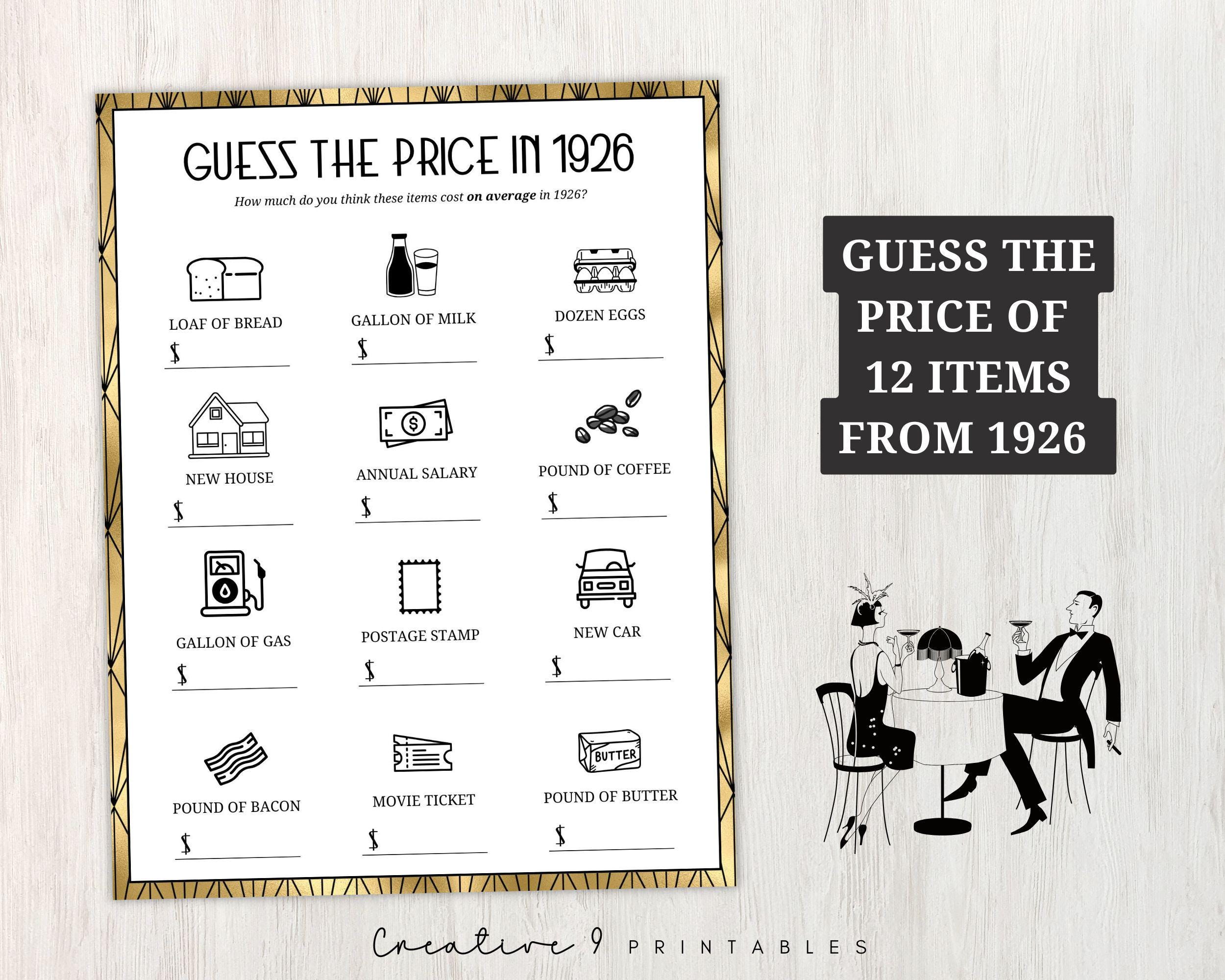 Price Trivia 1926 Guess the Price Trivia Printable, 100th Birthday Party Game, 100 ...
