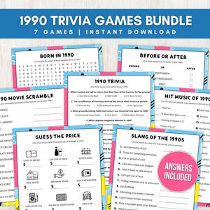 May include: A printable 1990s trivia game bundle with seven different games. The games include "Born in 1990", "1990 Movie Scramble", "1990 Trivia", "Before or After", "Hit Music of 1990", "Guess the Price", and "Slang of the 1990s". The games are designed with a bright blue and pink color scheme and feature a retro 90s aesthetic.
