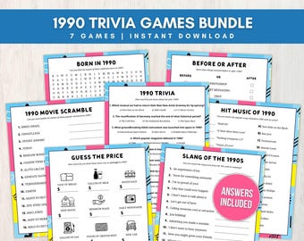 1990 Trivia Bundle for Adults and Kids, 7 Fun Printable 36th Party Games w/ Answers for Birthday, Anniversary, or Reunion, Instant Download