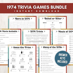Lot d'anecdotes de 1974 pour adultes, sept 51e jeux de société amusants à imprimer avec des réponses pour un anniversaire, un anniversaire ou une réunion, téléchargement immédiat