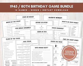 80th Birthday Party Games Bundle, 12 Fun Printable 1945 Trivia and Group Games with Answers, Bonus Memory Keepsake, Instant Download
