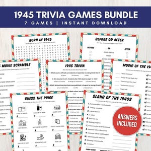1945 Trivia Game Bundle for Adults, 80th Birthday Party Games, Born in 1945, Printable Trivia Games for 80th Birthday, Instant Download