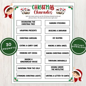 Jogo de charadas de Natal para impressão para crianças, 30 instruções com itens de ação de Natal e dois cartões em branco ótimos para festas, download instantâneo