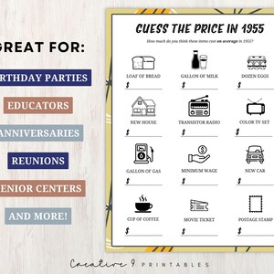 May include: A printable game card with a retro 1950s design. The card has a yellow background with black and white illustrations of items like a loaf of bread, a gallon of milk, a dozen eggs, a new house, a transistor radio, a color TV set, a gallon of gas, minimum wage, a new car, a cup of coffee, a movie ticket, and a postage stamp. The text "Guess the Price in 1955" is at the top of the card.
