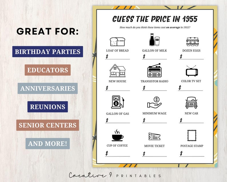May include: A printable game card with a retro 1950s design. The card has a yellow background with black and white illustrations of items like a loaf of bread, a gallon of milk, a dozen eggs, a new house, a transistor radio, a color TV set, a gallon of gas, minimum wage, a new car, a cup of coffee, a movie ticket, and a postage stamp. The text "Guess the Price in 1955" is at the top of the card.
