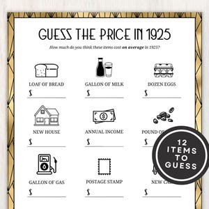 1925 Guess the Price Game, 100th Birthday Party Game, Back in 1925 Trivia Game, 100th Birthday Ideas, Prices Guessing Game, Instant Download
