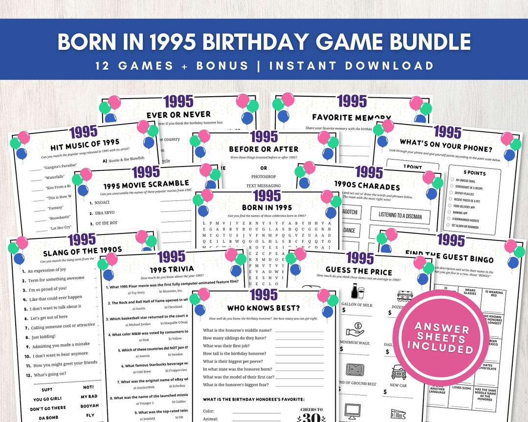 Born in 1995 Trivia Bundle, 30th Birthday Party Games W/ Answers, Fun ...