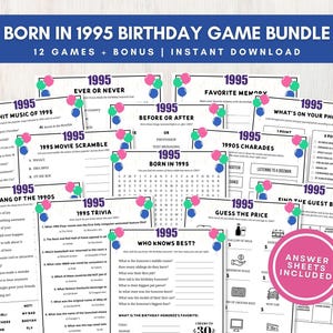 Può includere: Un pacchetto di giochi stampabili per una festa di compleanno del 1995. Il pacchetto include 12 giochi e un gioco bonus. I giochi sono a tema 1995 e includono argomenti come musica di successo, gergo, film e quiz. I giochi sono progettati per essere giocati da un gruppo di persone nate nel 1995. Il pacchetto include anche fogli di risposte.