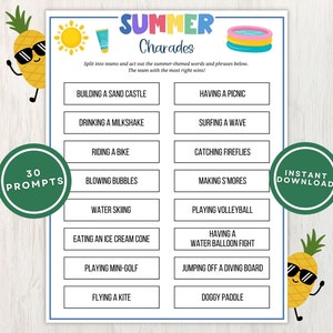 Summer Charades Printable Game for Kids and Teens, 30 Prompts with Summer Action Items to Act or Draw Plus Two Blank Cards, Instant Download