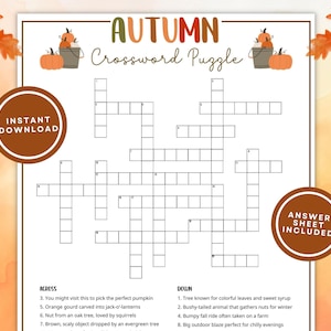 May include: A printable autumn-themed crossword puzzle with the title "Autumn Crossword Puzzle" in green and orange. The image includes illustrations of pumpkins and fall leaves. The words "Instant Download" and "Answer Sheet Included" are also visible.
