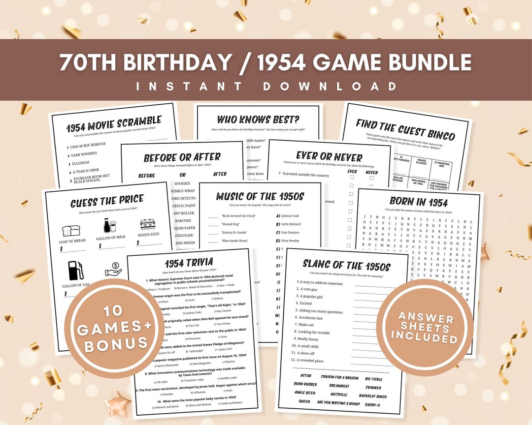 70th Birthday Party Games, Printable Game Bundle With Answer Keys, Born ...