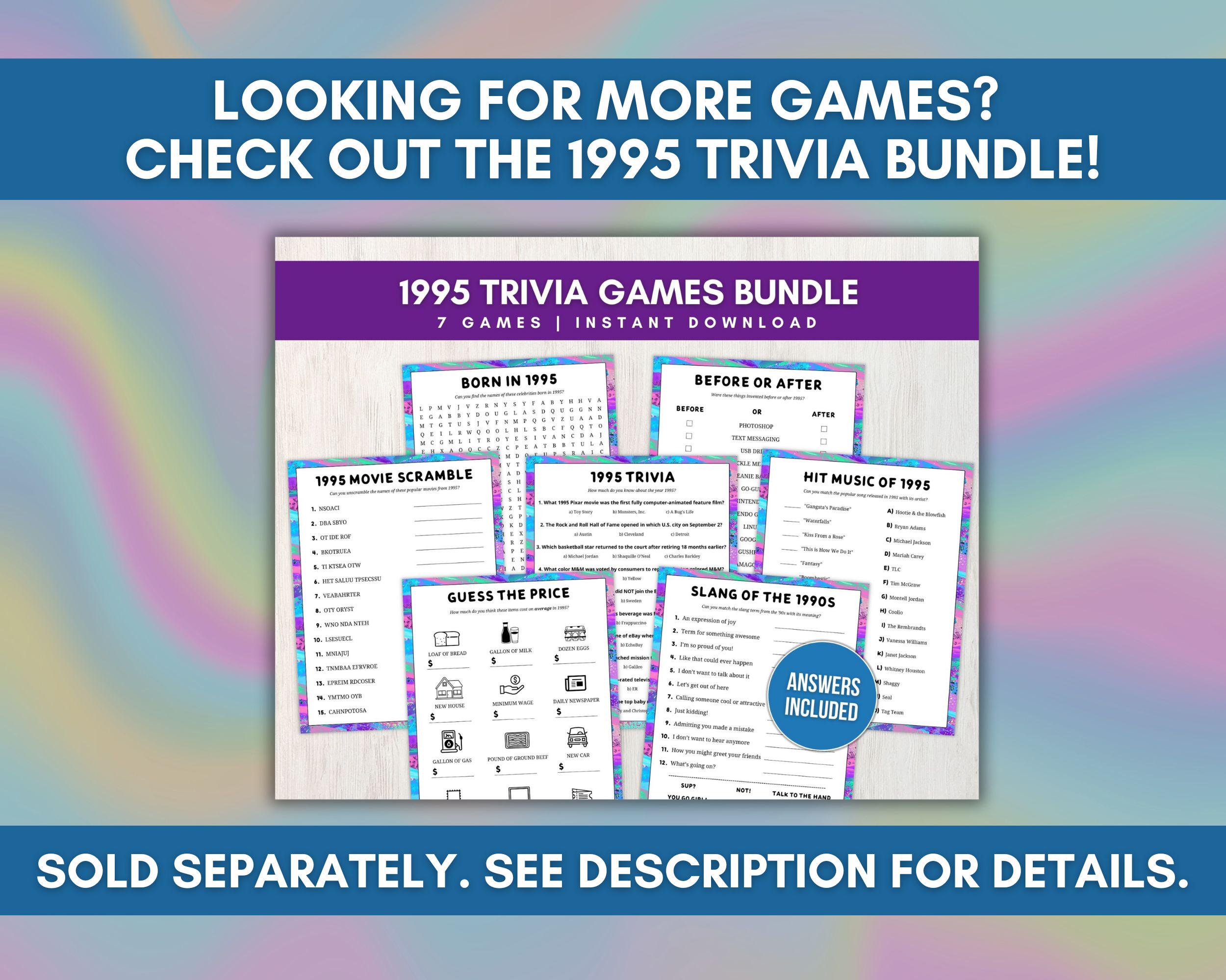 1995 Trivia With Answers, Printable 30th Birthday, Reunion, or ...