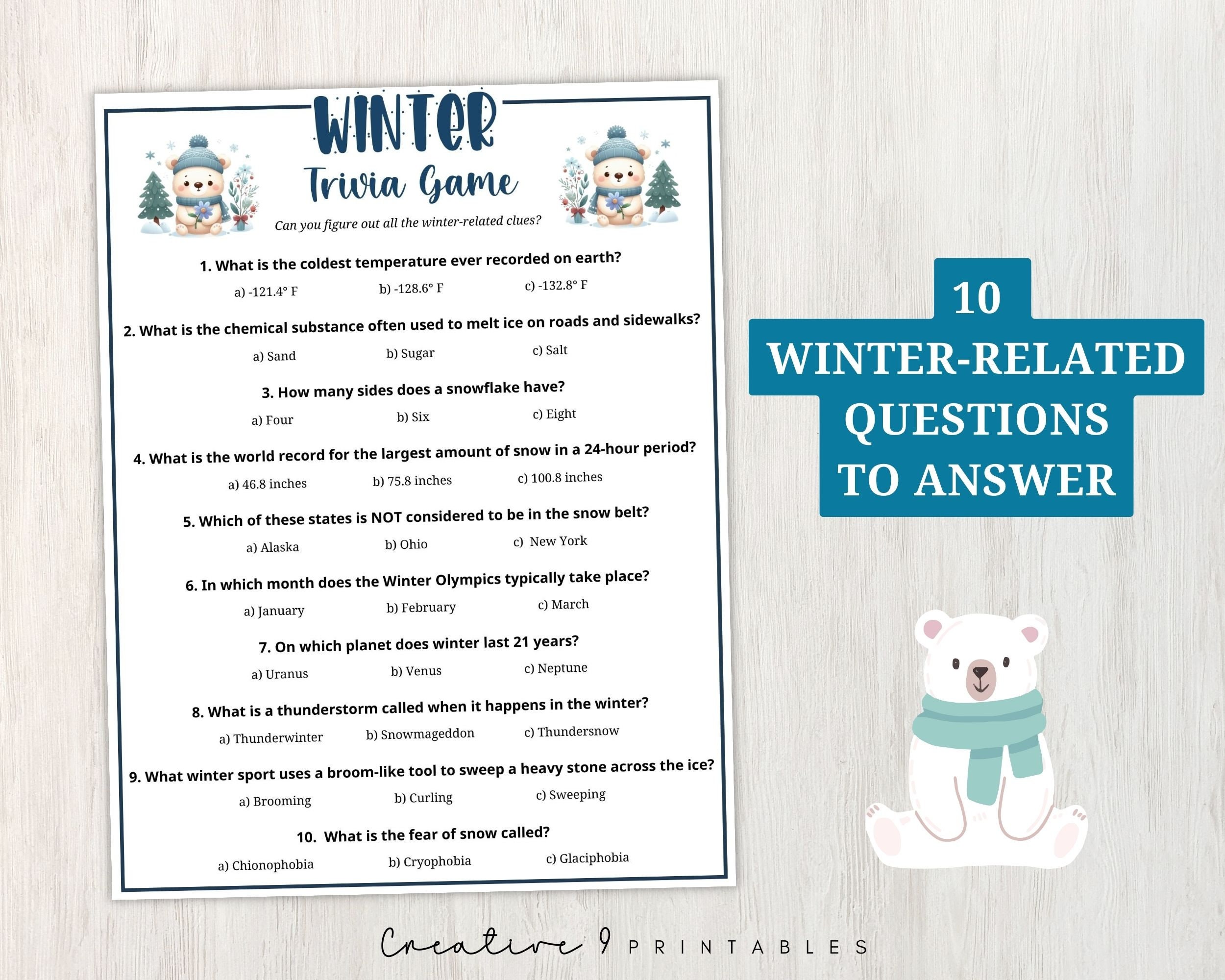 Printable Winter Trivia Game for Kids and Adults, 10 Winter Trivia