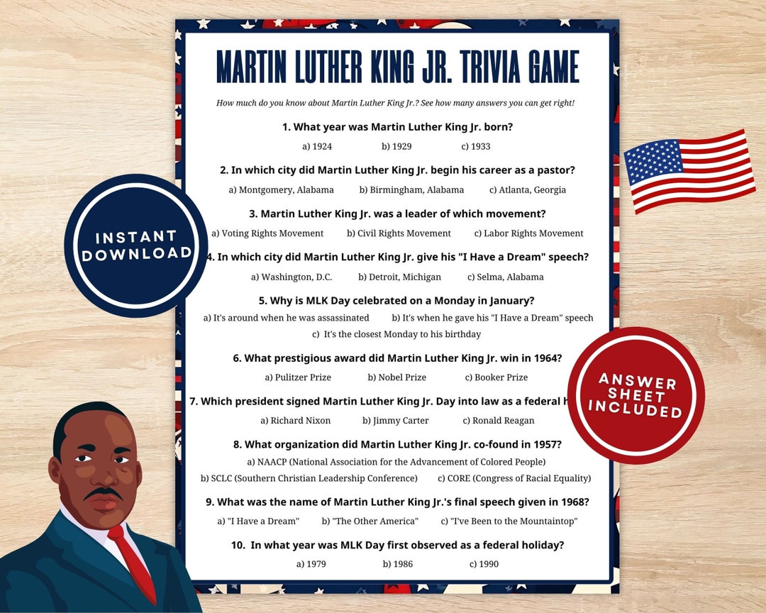 Printable Martin Luther King Trivia Game for Kids and Adults, 10 MLK