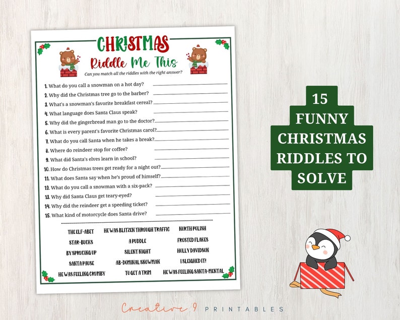 Printable Christmas Riddle Me This Game for Kids and Adults, 15 Funny Christmas Riddles With