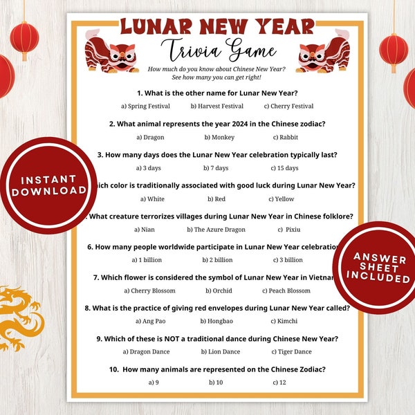 Lunar New Year Trivia 2024, Printable Party Game About Chinese New Year, 10 Fun Multiple Choice Questions with Answer Key, Instant Download