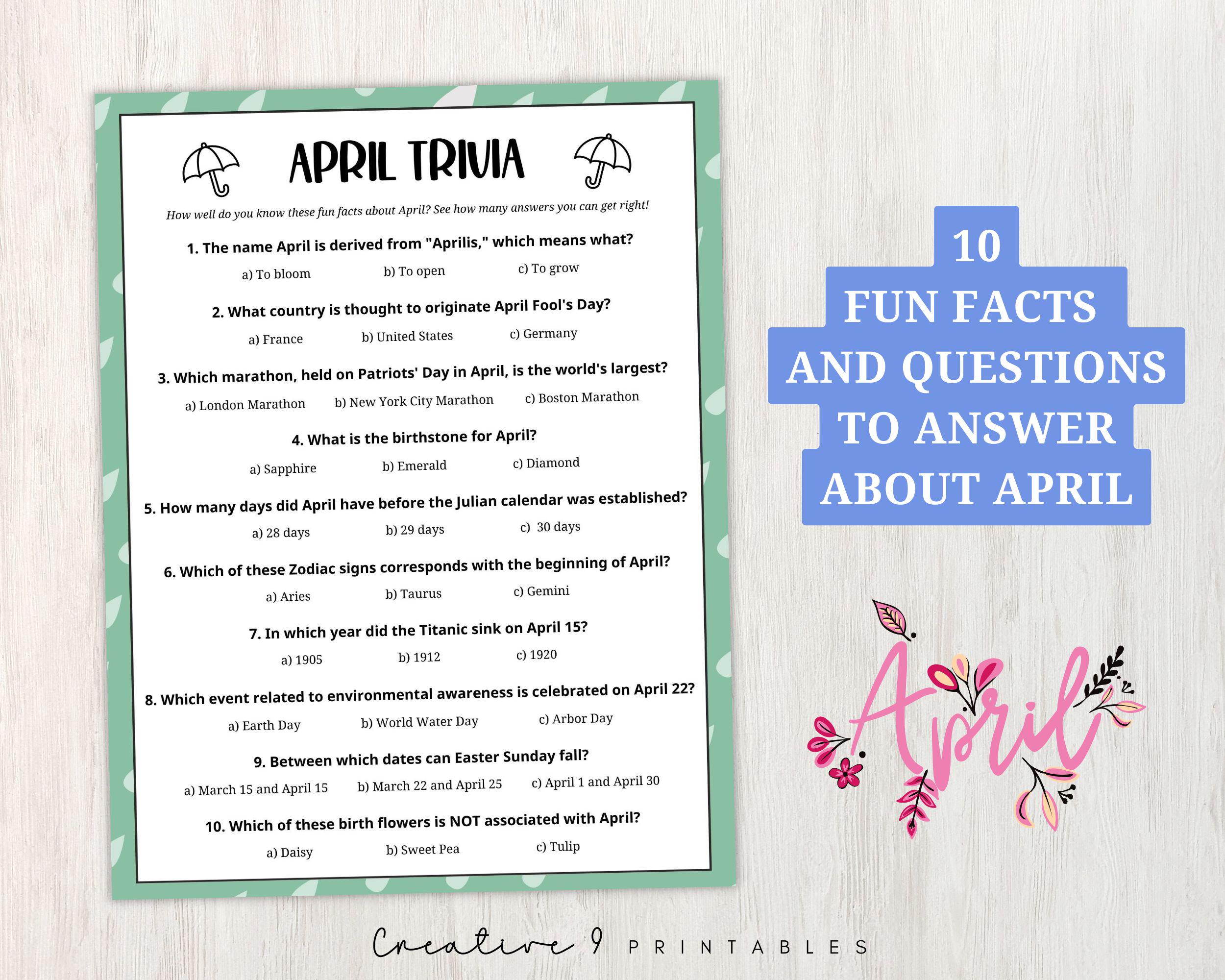 April Trivia Printable Game for Kids and Adults, 10 Fun Facts Quiz ...