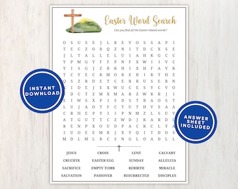 Christian Easter Word Search, Printable Wordsearch Puzzle w/ Answers, Fun Game for Sunday School, Church, and Youth Groups, Instant Download
