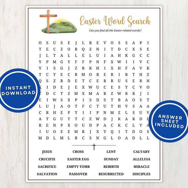 Christian Easter Word Search, Printable Wordsearch Puzzle w/ Answers, Fun Game for Sunday School, Church, and Youth Groups, Instant Download