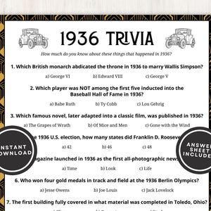 Puede incluir: Una hoja de juego de trivia en negro y dorado titulada "1936 Trivia". La hoja incluye preguntas sobre eventos históricos de 1936, como la abdicación de un monarca británico y el lanzamiento de una revista. Incluye el texto "Descarga instantánea" y "Hoja de respuestas incluida".