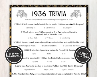 1936 Trivia Game for Adults, 90th Birthday Party Printable, Born in 1936 Quiz with Answers, Instant Download