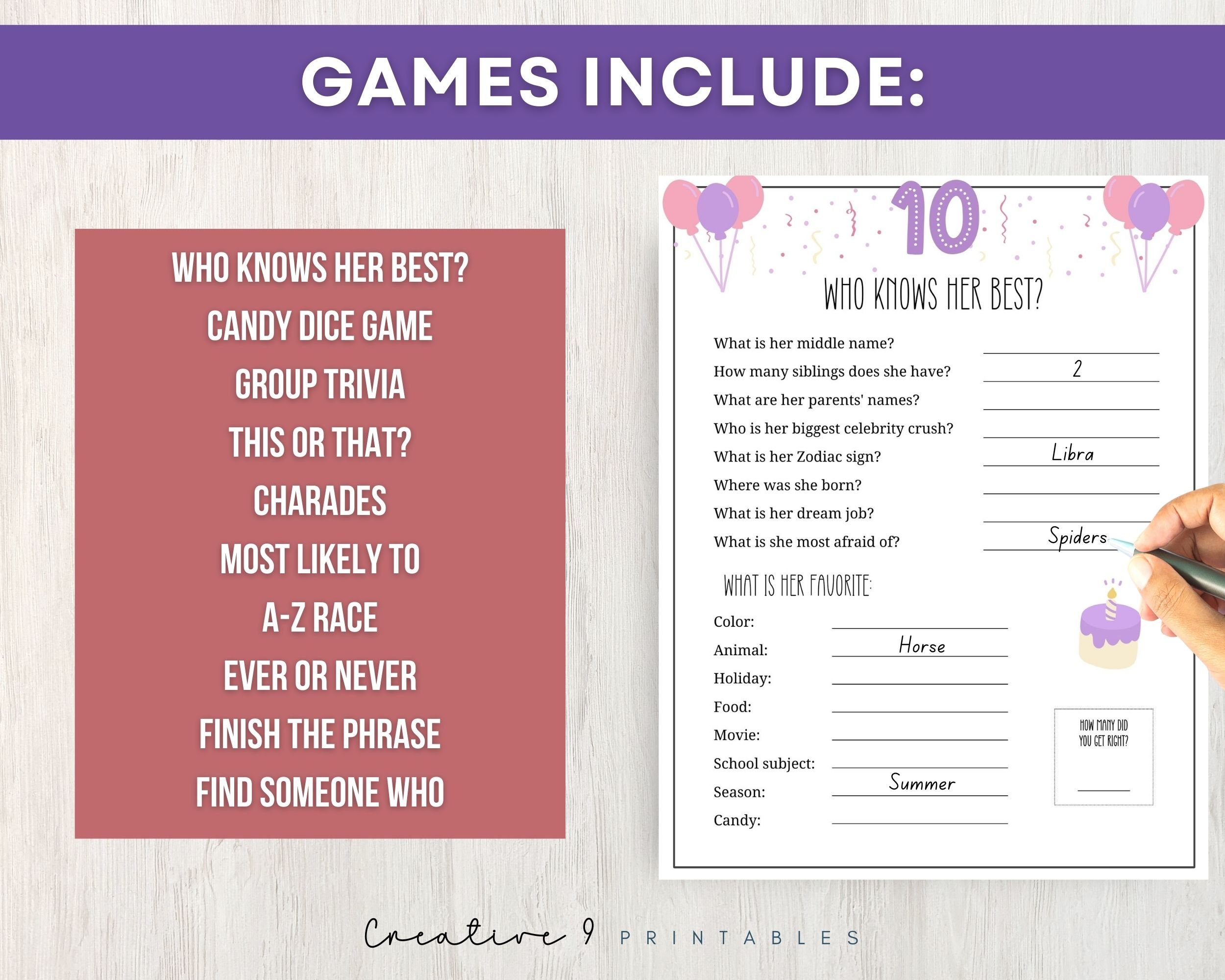 10th Birthday Girl Game Bundle, 10 Printable Party Games + Bonus for ...