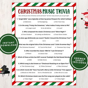 Printable Christmas Carol Trivia Game for Adults and Kids, 10 Fun Christmas Song Questions and Answers for Group Parties, Instant Download