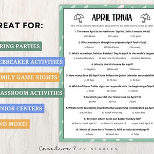 April Trivia Printable Game for Kids and Adults, 10 Fun Facts Quiz ...