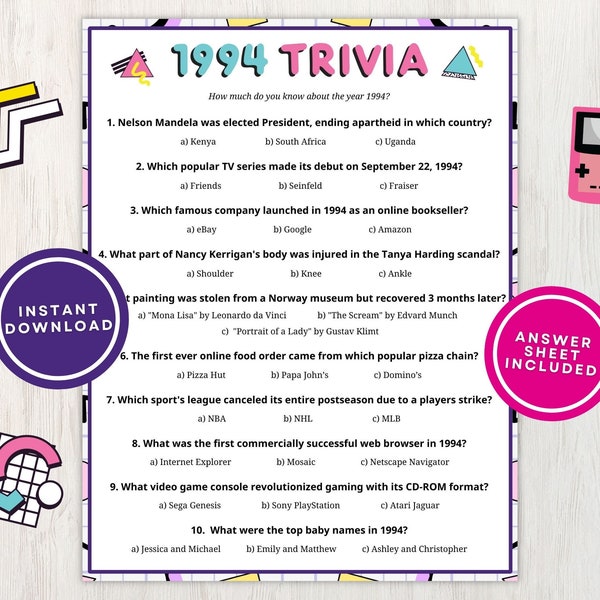 1994 Trivia with Answers, Printable 30th Birthday, Reunion, or Anniversary Party Game, 10 Fun Questions About Back in 1994, Instant Download