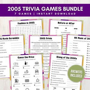 2005 Trivia Game Bundle, 7 Fun Printable 20th Party Games, 20th Birthday Ideas, 20th Anniversary Party, 20th Class Reunion, Instant Download