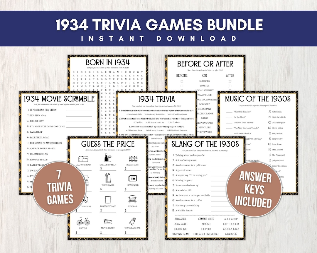 1934 Trivia Game Bundle for Adults and Kids, Seven Fun Printable 91st ...