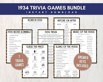1934 Trivia Game Bundle for Adults and Kids, Seven Fun Printable 91st Birthday Party Games with Answer Keys for Groups, Instant Download