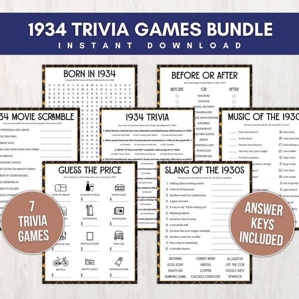 1934 Trivia Game Bundle for Adults and Kids, Seven Fun Printable 90th Birthday Party Games with Answer Keys for Groups, Instant Download